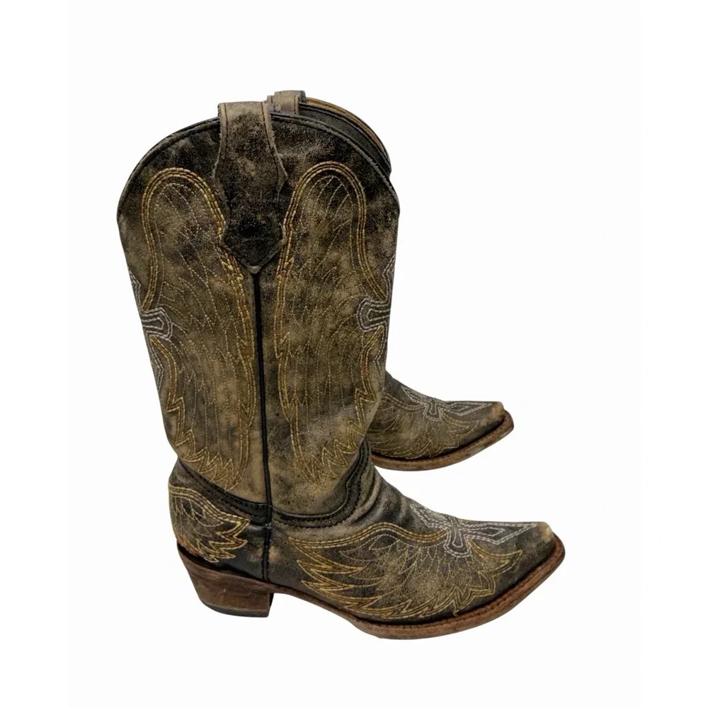 Corral Teen A1029 Youth 2.5T Distressed Black Leather Wings Cross Snip Toe Boots